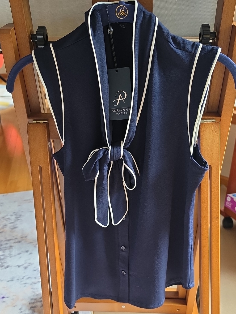 Adrianna Papell Navy Sleeveless Bow-Front Shell with White Piping